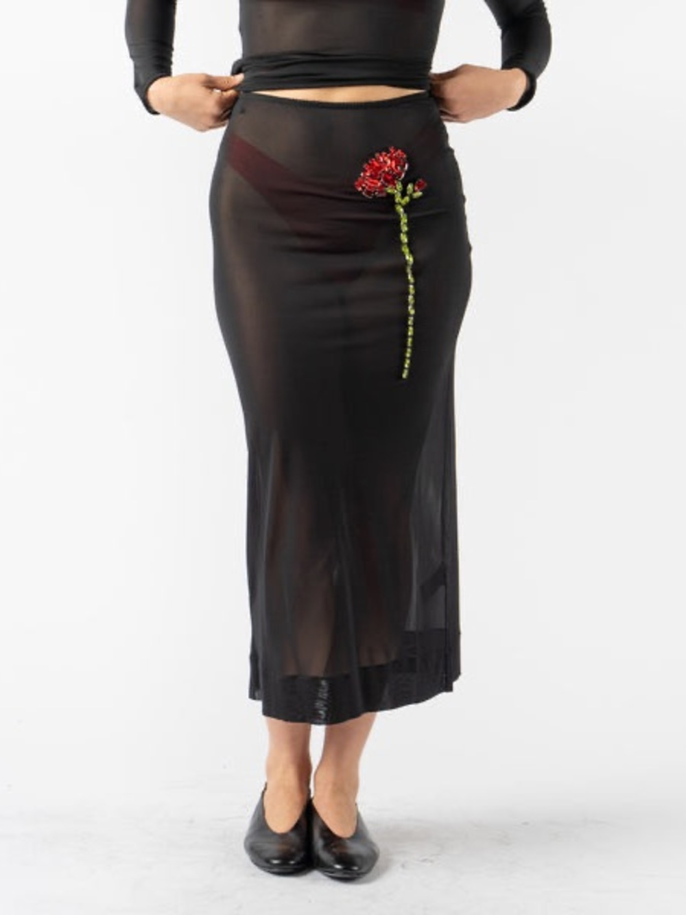 Simone Rocha Sheer Column Rose Crystal Midi Skirt - Picture 2 of 7